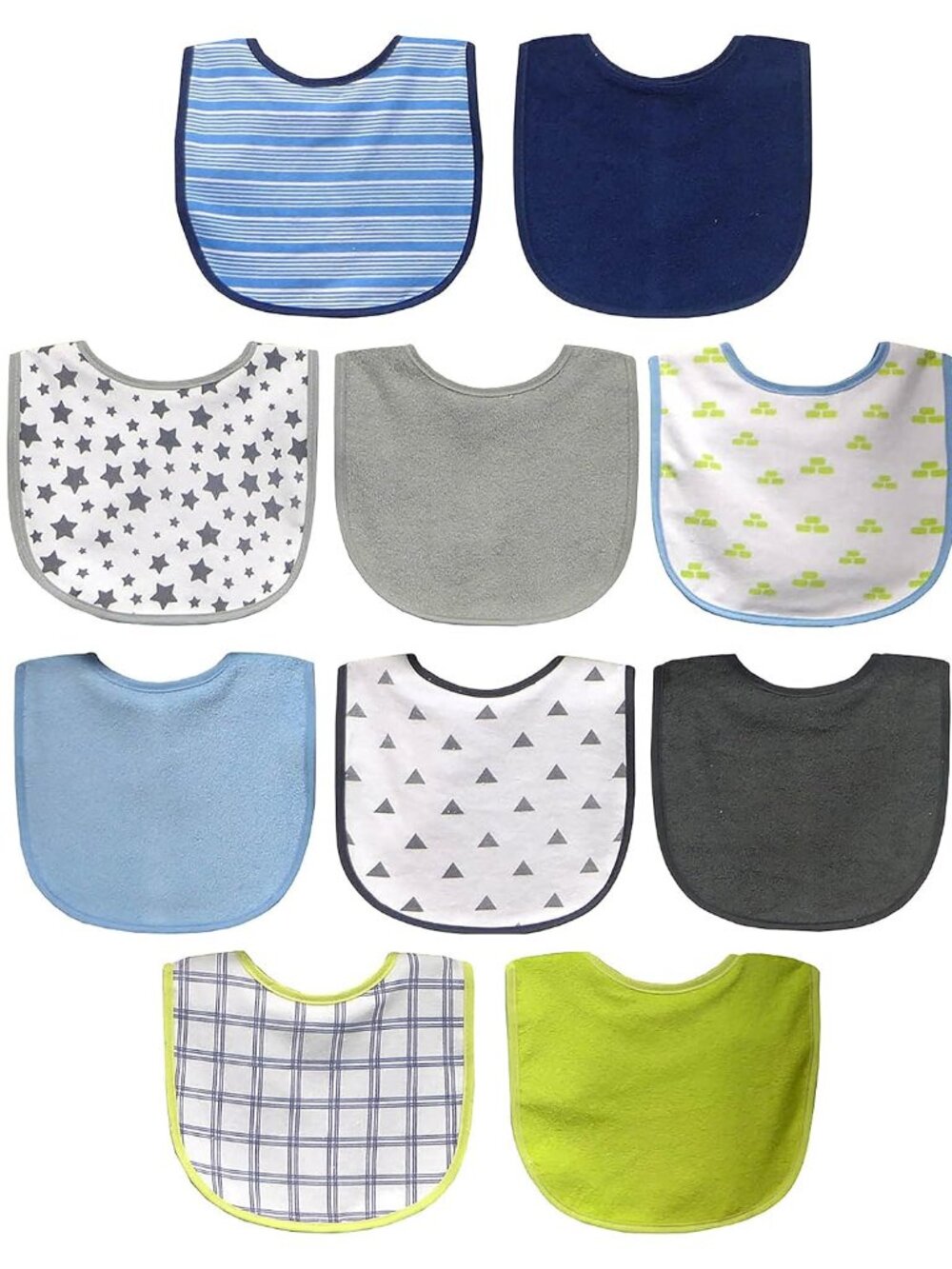 10 Pack Water Resistant Bib Set Blue/Grey Assorted, 10 Count, 0+ Months